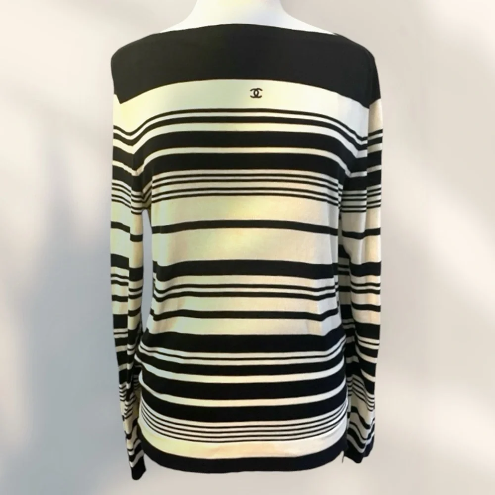 Chanel Classic VTG Black Ivory Stripe COTTON Sweater Size EU 44